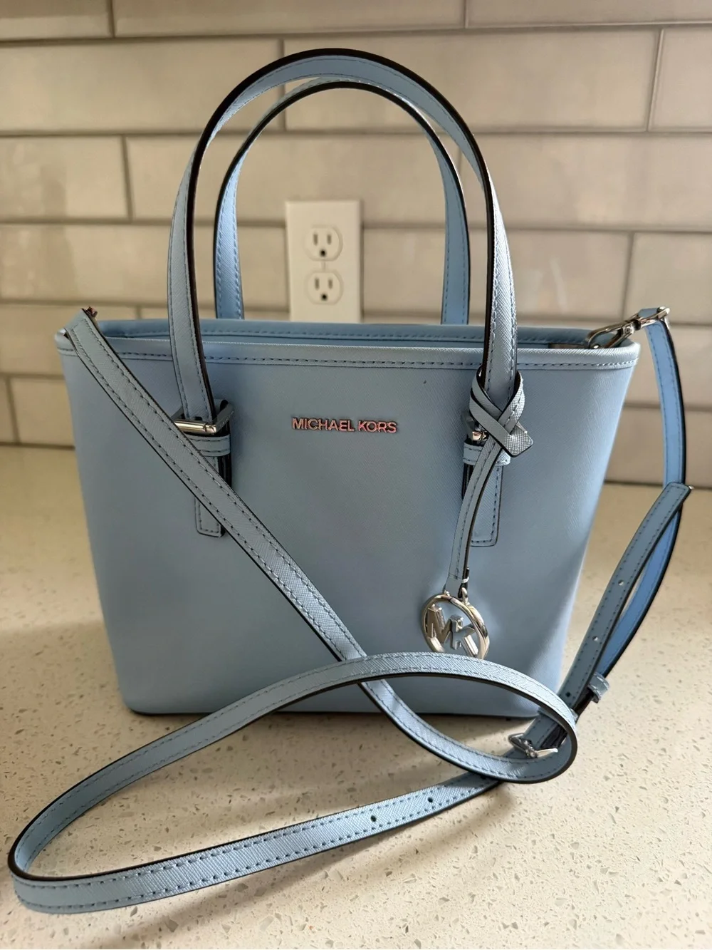 Michael Kors Light Blue Saffiano Satchel with MK Charm